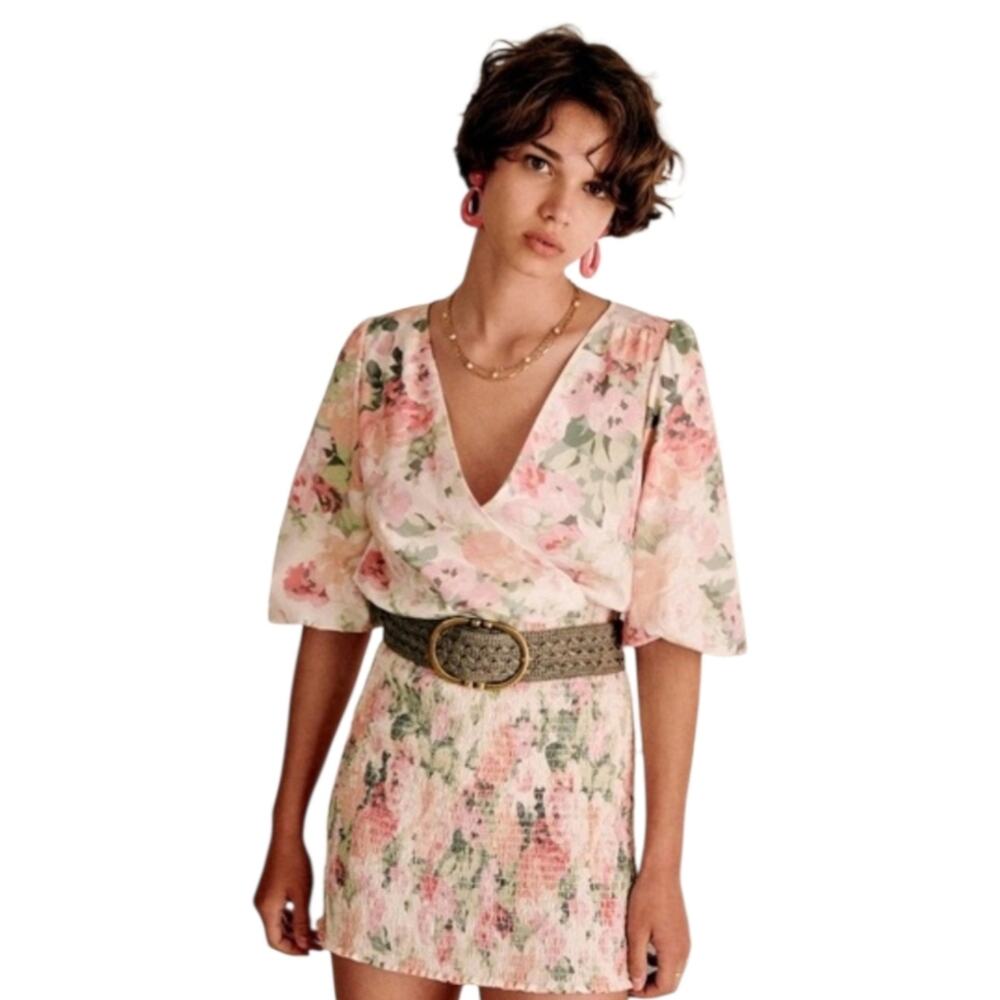 Sezane Olga Mini Dress Linen Cotton Summer Floral Smocked Skirt Sz 36